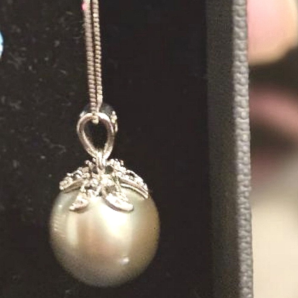 Tahitian pearl(12mm) and black diamond accent in 14k white gold necklace